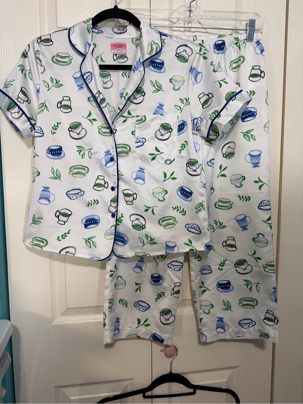 kate spade White Pajama Set with Blue & Green Teacup Print